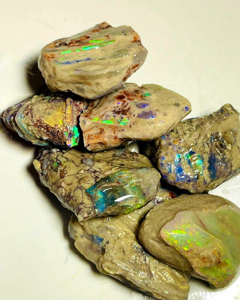 Lightning Ridge Rough Dark Base Bright Multi colour Opal formation Parcel 93cts Lots of Potential & Cutters Lots bright colours & bars 23x20x6mm to 18x13x8mm WAC07