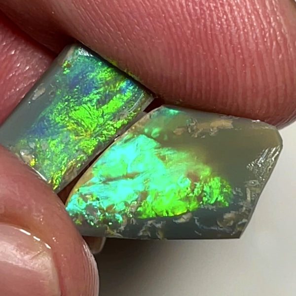 Australian Opal Rubs rough Pair 3.25cts Green dominant Bright Vivid Multifires to faces 12x9xx1 & 12x7x2MMs WAE67