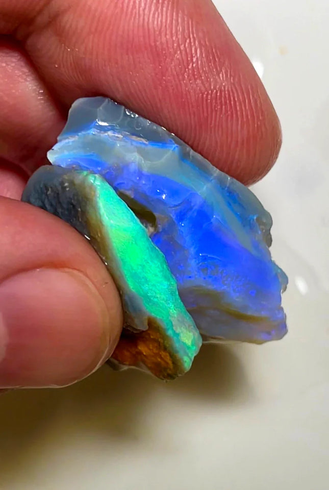 Lightning Ridge Rough Opal Pair Dark Base Seams 38cts Cutters High Grade Bright Fires / Multifires in bars 32x18x10mm & 24x20x4mm WAB71