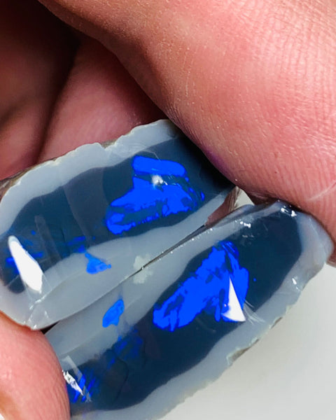 Lightning Ridge Rough Opal N2 Black Knobby Split pair 35cts High Grade Stunning Royal Blue fires in bars 25x16x10mm & 22x10x9mm WSS88