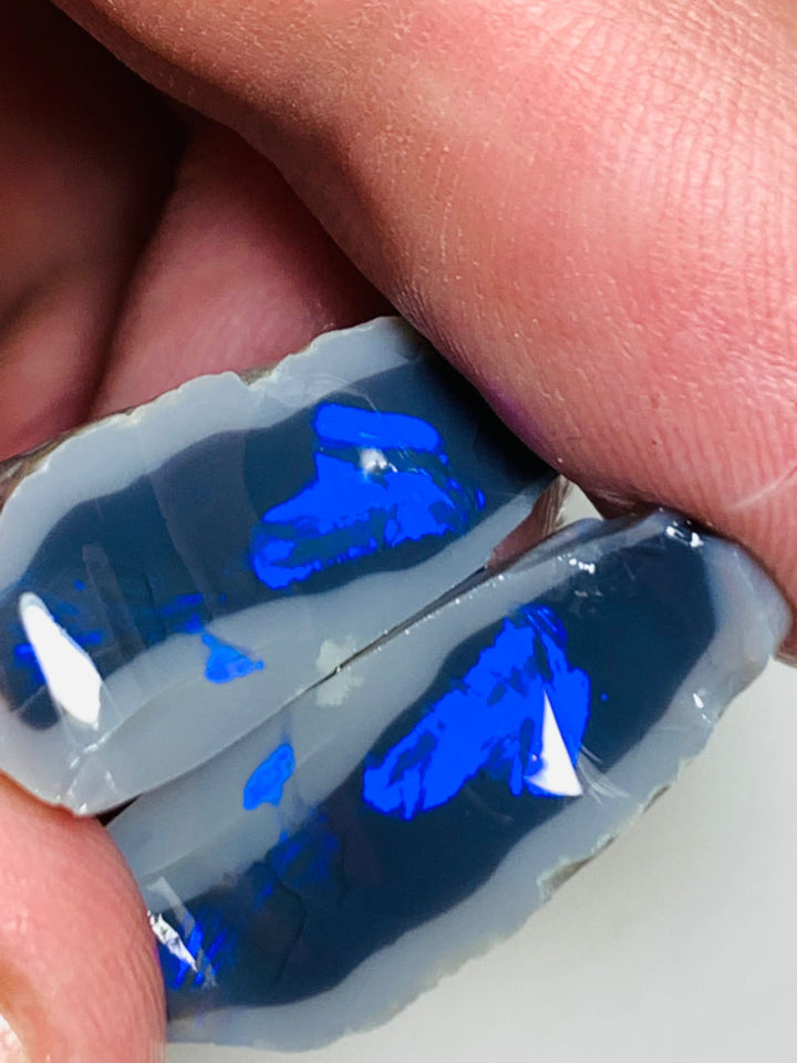 Lightning Ridge Rough Opal N2 Black Knobby Split pair 35cts High Grade Stunning Royal Blue fires in bars 25x16x10mm & 22x10x9mm WSS88