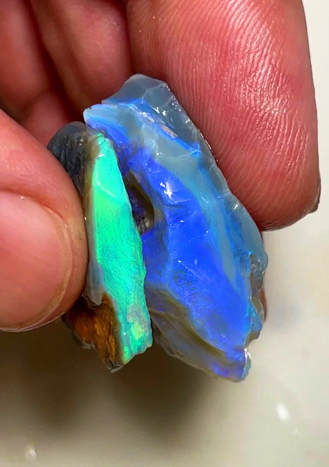 Lightning Ridge Rough Opal Pair Dark Base Seams 38cts Cutters High Grade Bright Fires / Multifires in bars 32x18x10mm & 24x20x4mm WAB71