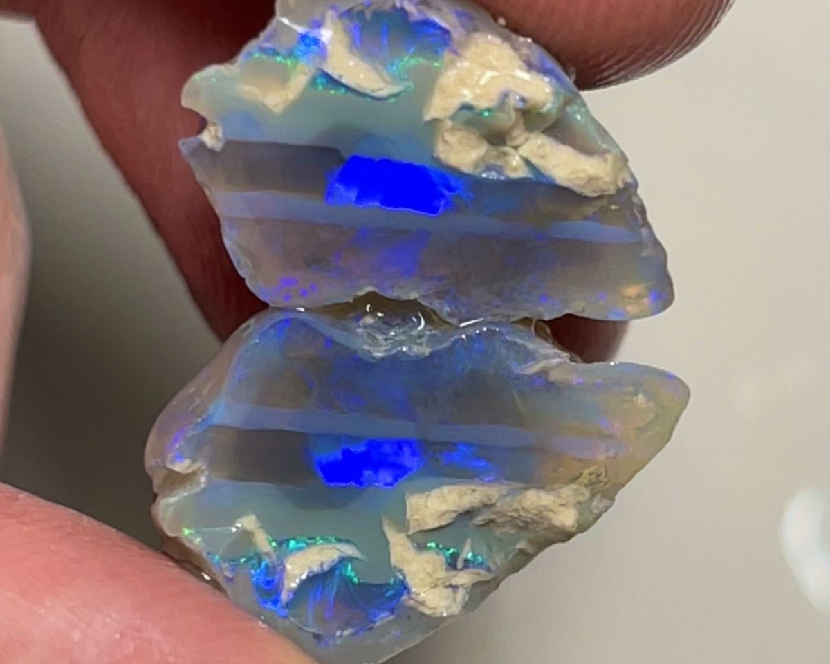 Lightning Ridge Dark Crystal Knobby opal rough split 15.50cts Bright Blue bars to cut 19x15x13 & 15x14x13 mm NSW081