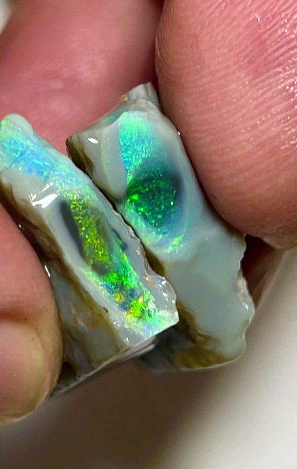 Lightning Ridge Rough Opal Big pair of Dark Base Seams 37cts Cutters  High Grade Bright Multifires in stunning bars 25x17x8mm & 23x16x6mm WAB59