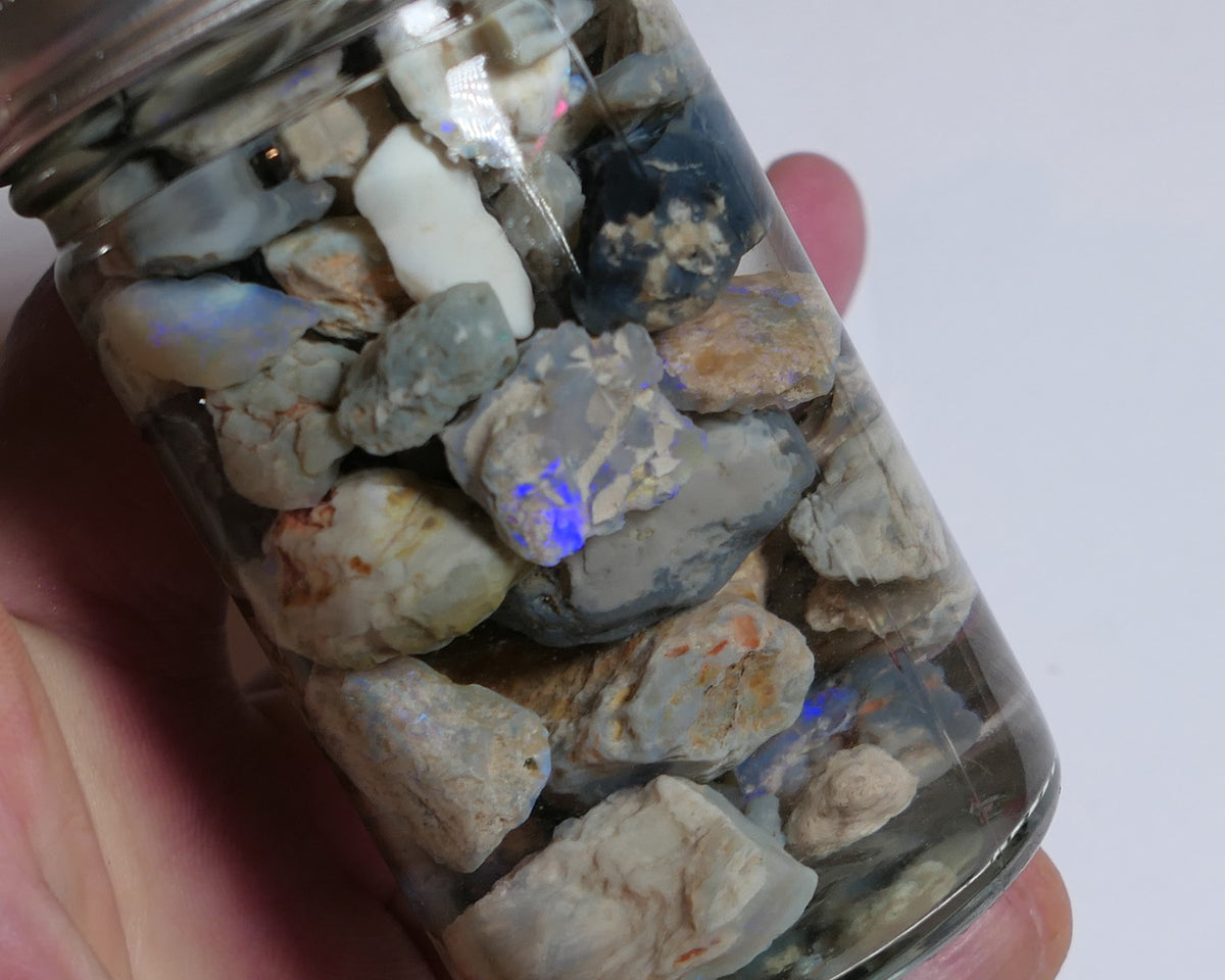 Lightning Ridge Rough Opal Parcel 350cts potch & some Colour mixed knobby fossil seam (shown in jar) 22mm to chip size JanA53