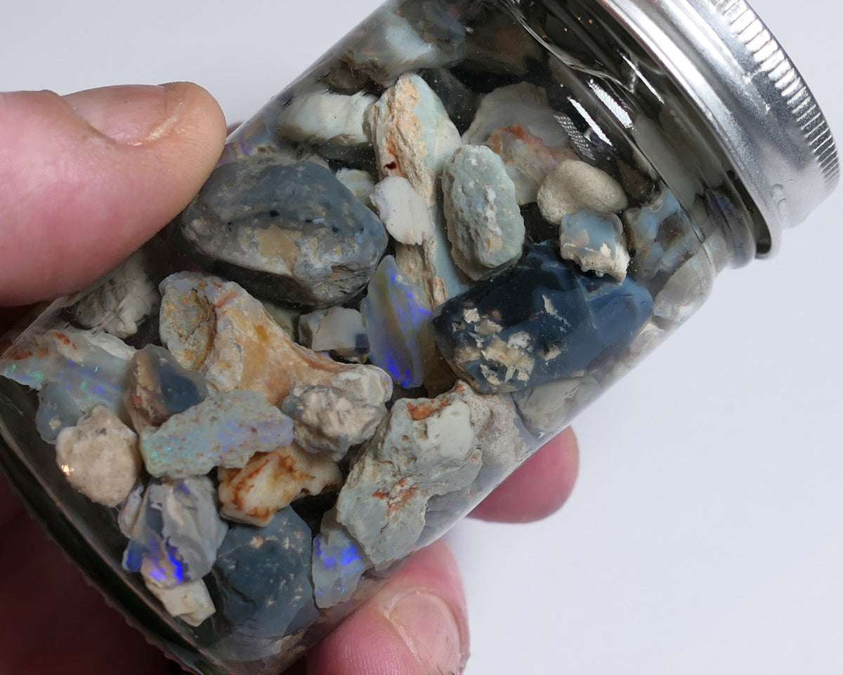 Lightning Ridge Rough Opal Parcel 350cts potch & some Colour mixed knobby fossil seam (shown in jar) 22mm to chip size JanA53