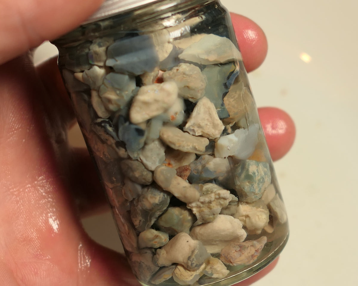 Lightning Ridge Rough Opal Parcel 400cts potch mixed knobby fossil seam (shown in jar) 22mm to chip size JanB23