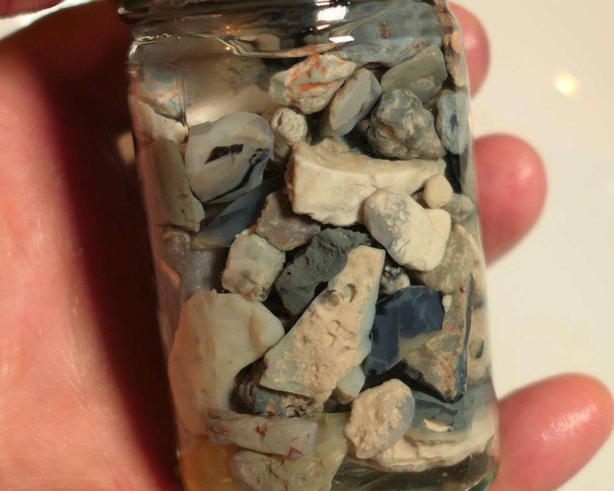 Lightning Ridge Rough Opal Parcel 400cts potch mixed knobby fossil seam (shown in jar) 22mm to chip size JanB20