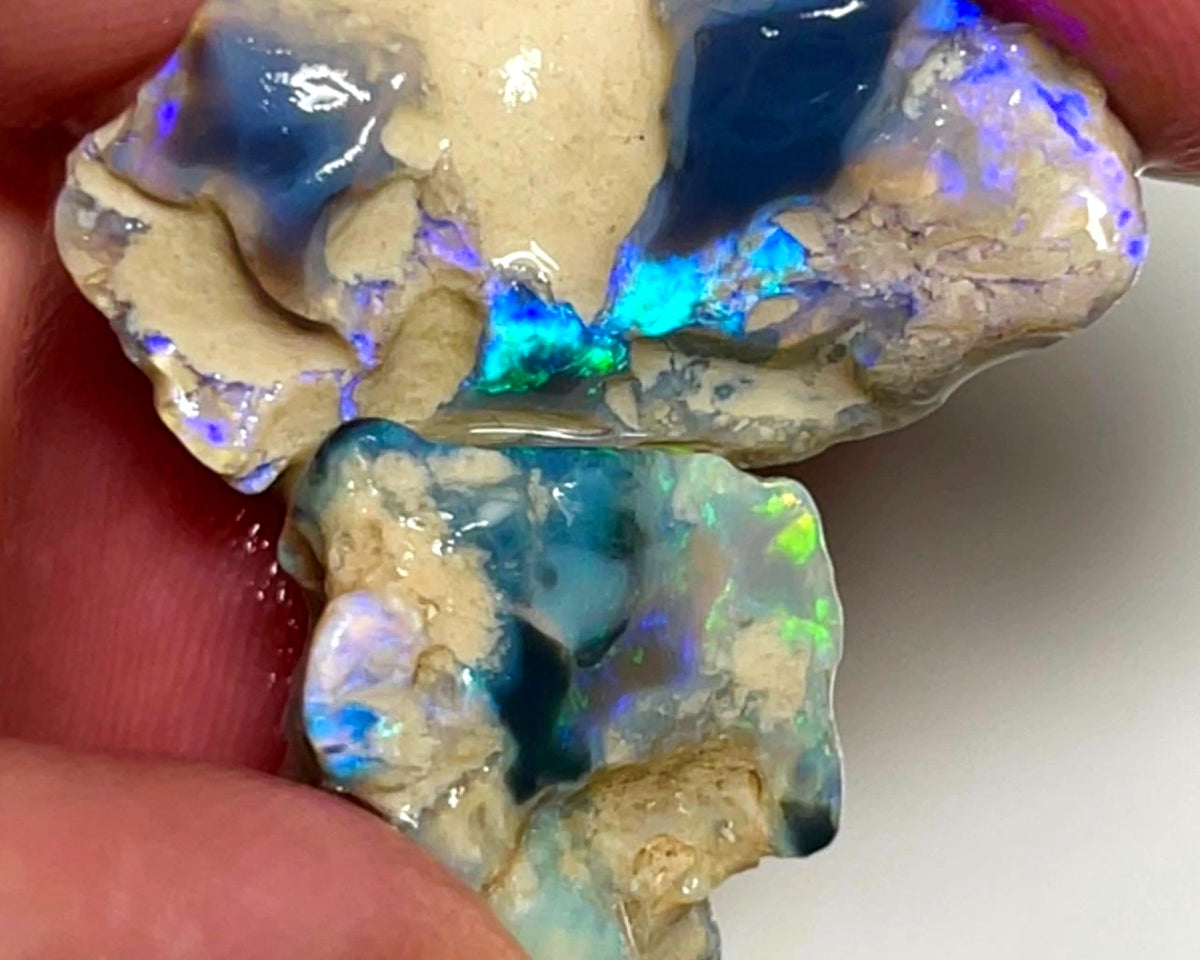 Lightning Ridge 28cts Nice pair of Dark base Crystal Opal formations rough to cut/carve Gorgeous Bright Multicolours 27x18x7 & 18x15x8mm WAE63