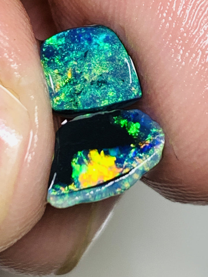 Australian Rough Opal Lightning Ridge Mulga ® Black 2.7ct Little pair RUBs Black base Gorgeous Bright Multi fires 8x6x5mm & 7x6x4mm ET6297