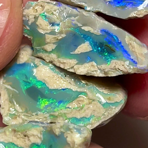 Lightning Ridge knobby opal rough 2 pairs of splits 59.00cts Gorgeous Green Blue dominant Multicolours to cut 23x15x12 to 20x12x8mm NSW089