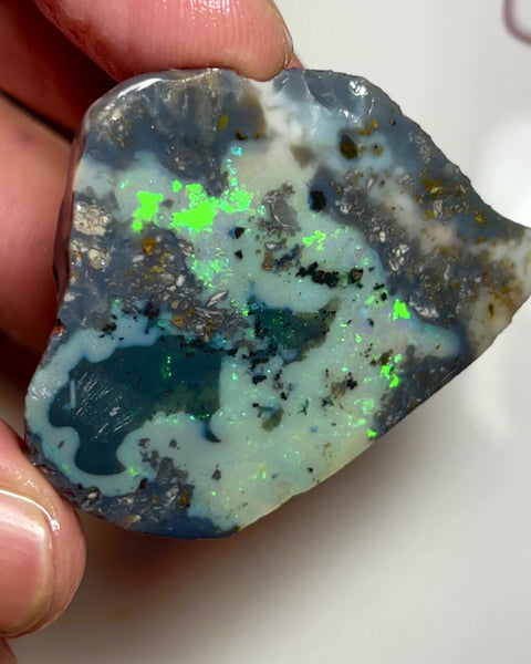 Lightning Ridge Opal Rough n Rub Dark base Monster Seam 110cts Bright Green Dominant Multifires 45x40x10mm 1006