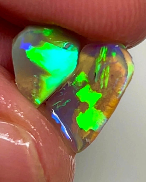 Lightning Ridge Opal Dark Crystal Base Seam pair Rough Rub 2.6cts Super Vibrant & Bright Green Dominant Multifires  13x7x2 & 9x7x4 mm WAE52