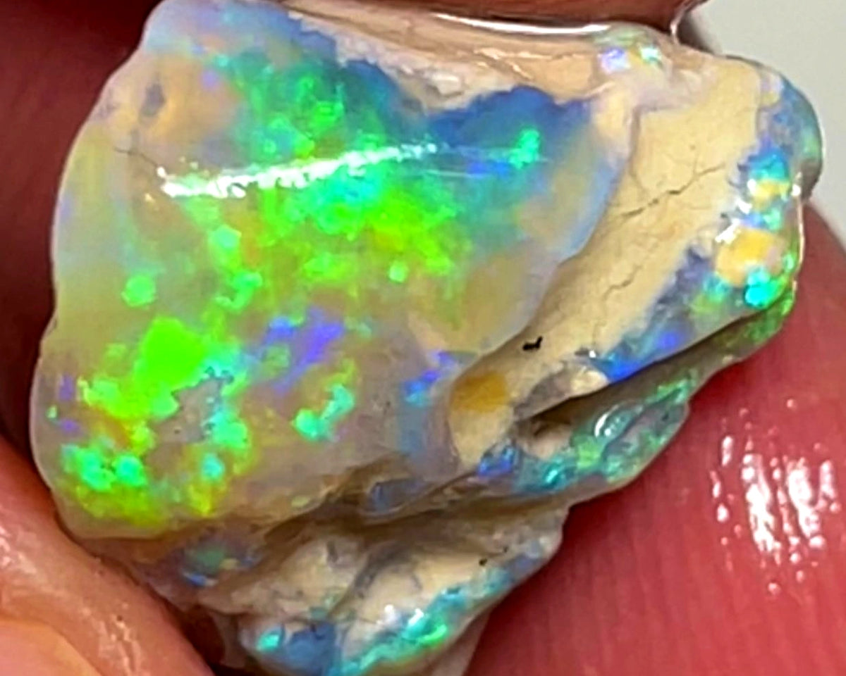 Lightning Ridge 9.5cts Bright knobby Crystal Opal rough lots of Multifires showing 17x11x11 mm 1129