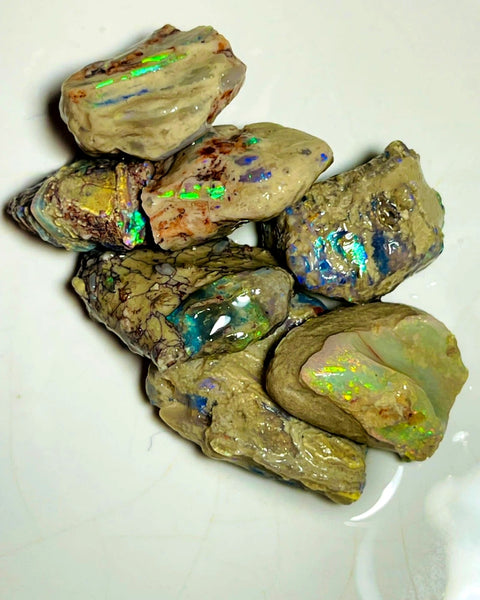 Lightning Ridge Rough Dark Base Bright Multi colour Opal formation Parcel 93cts Lots of Potential & Cutters Lots bright colours & bars 23x20x6mm to 18x13x8mm WAC07