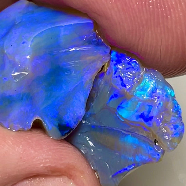 Dark Base Crystal Stunners Lightning Ridge Rough Opal 23.00cts Cutters Pair with Stunning Gorgeous Bright Blue dominant fires through out 18x15x12mm & 17x14x4mm NSW039