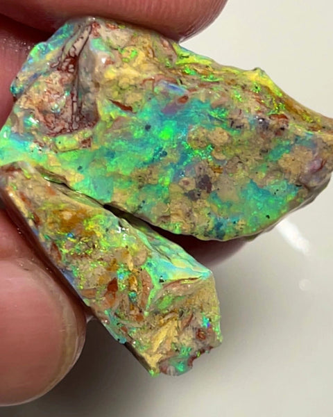 Lightning Ridge Rough Exotic opal formation split pair 35.00cts Stunning & Gorgeous Yellow dominant Multifires showing through out 26x13x7mm & 22x17x7mm NSW046