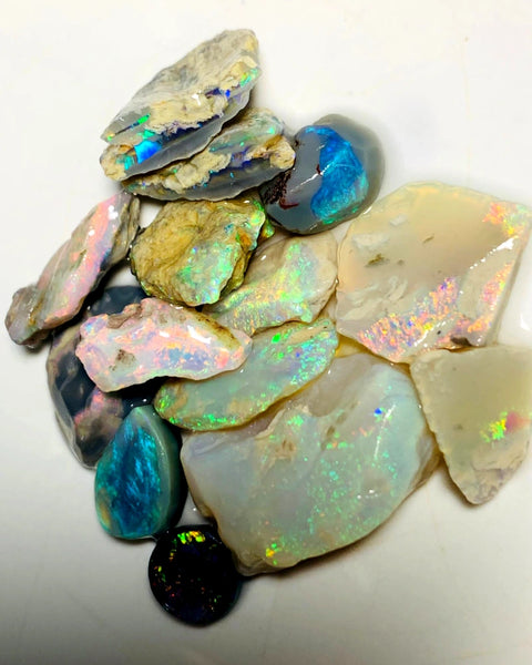 Lightning Ridge Opal Rough n Rub Parcel Black Dark & Crystal Quality Miners Bench® 51cts Bright Multifires 20x15x6mm to 11x8x4mm WAA71