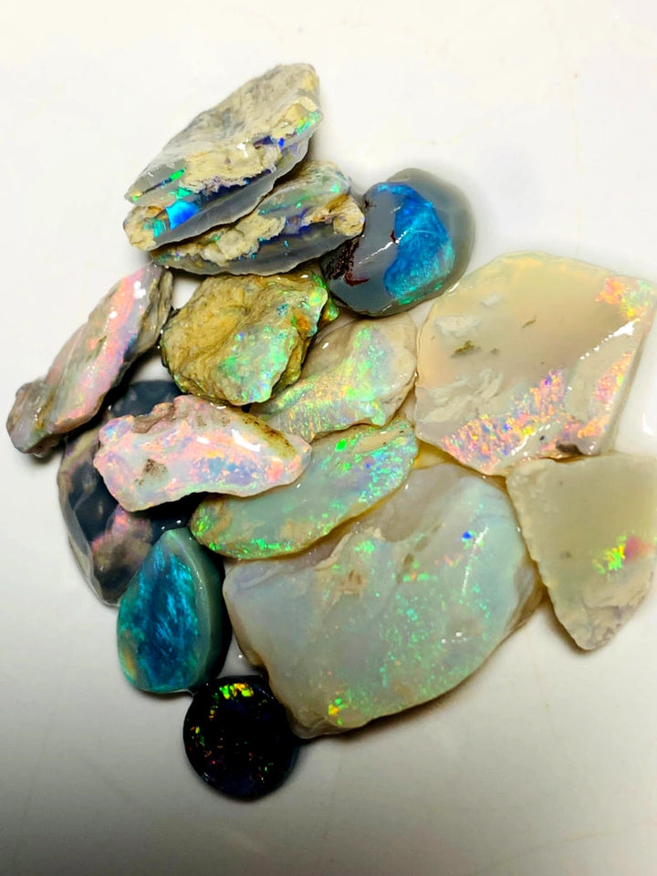 Lightning Ridge Opal Rough n Rub Parcel Black Dark & Crystal Quality Miners Bench® 51cts Bright Multifires 20x15x6mm to 11x8x4mm WAA71