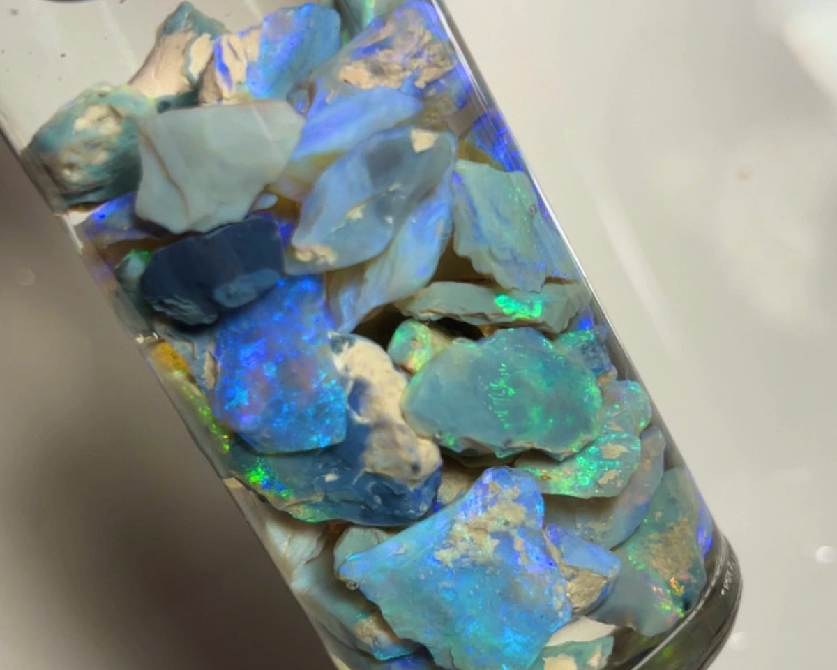 Lightning Ridge Dark Seam opal rough 115cts Lots Bright Colours to Cut 22x10x3 to 5x4x2mm NSW099 (jar not included)