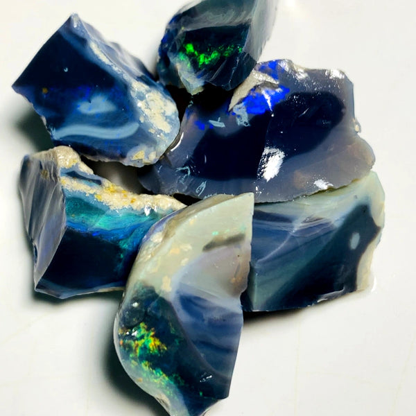 Lightning Ridge Rough Black & Dark Seam Opal Chunks Parcel 75cts Lots of Potential & Cutters Lots Bright colours & bars 17x15x10mm to 15x10x8mm WAB19