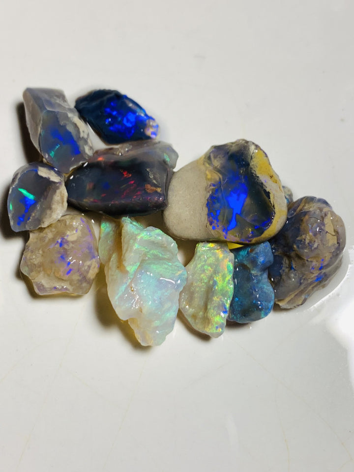 Lightning Ridge Rough Opal Parcel 37cts Black & Semi Black & Crystal High Grade Very Bright Lovely colourful material for cutters 18x8x7mm & 9x6x2mm WST14