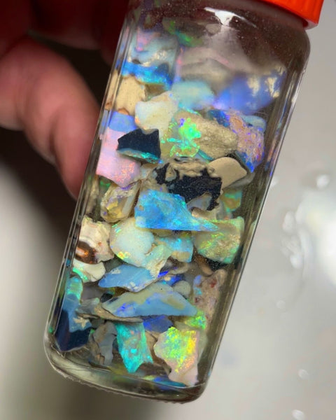 Lightning Ridge Rubs N rough Bright & colourful 17x10x2 to 8x7x1 mm 110cts jar1