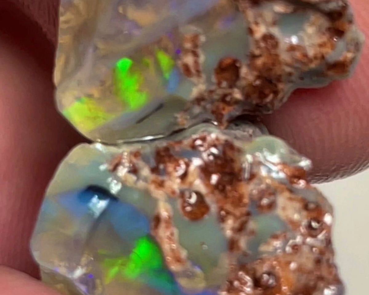 Crystal opal formation split 24.50cts L/Ridge Green dominant fires 18x15x10 & 18x14x9 mm NSW052