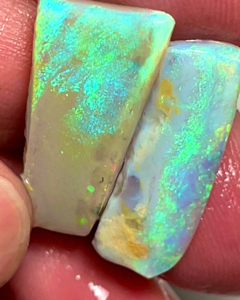 Lightning Ridge Dark Crystal Opal Big Pair of Rough Rub 15.75cts Sharp Bright Green Dominant fires 24x12x3mm & 24x8x2mm 1019