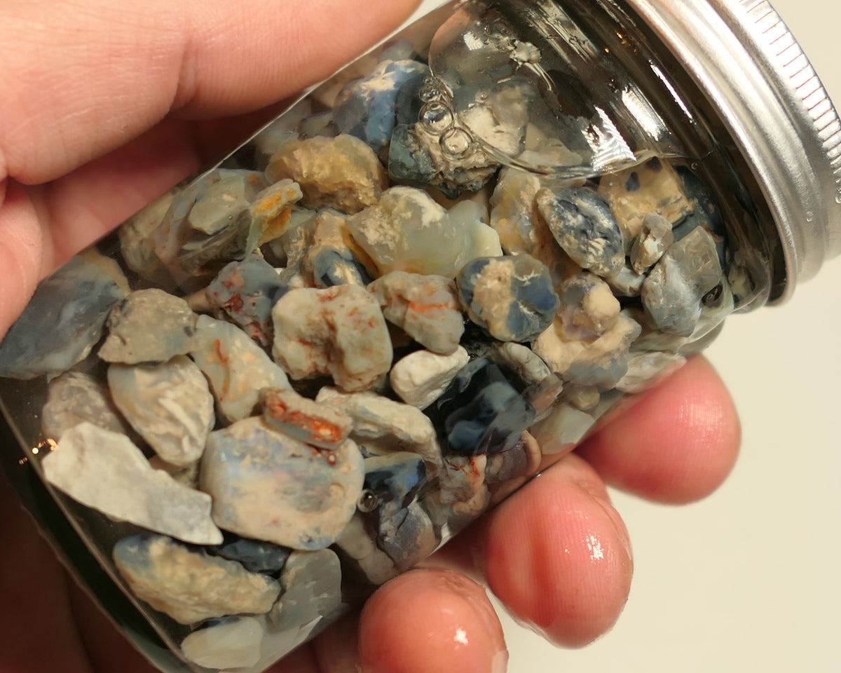 Lightning Ridge Rough Opal Parcel 400cts potch mixed knobby fossil seam (shown in jar) 22mm to chip size JanB23