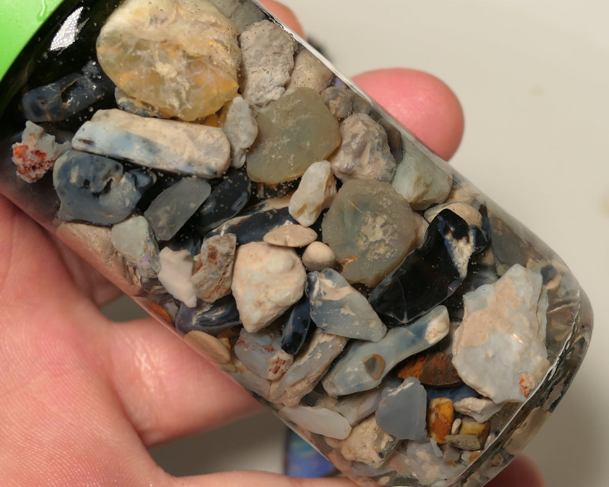 Lightning Ridge Rough Opal Parcel 400cts potch mixed knobby fossil seam (shown in jar) 20mm to chip size  38APR