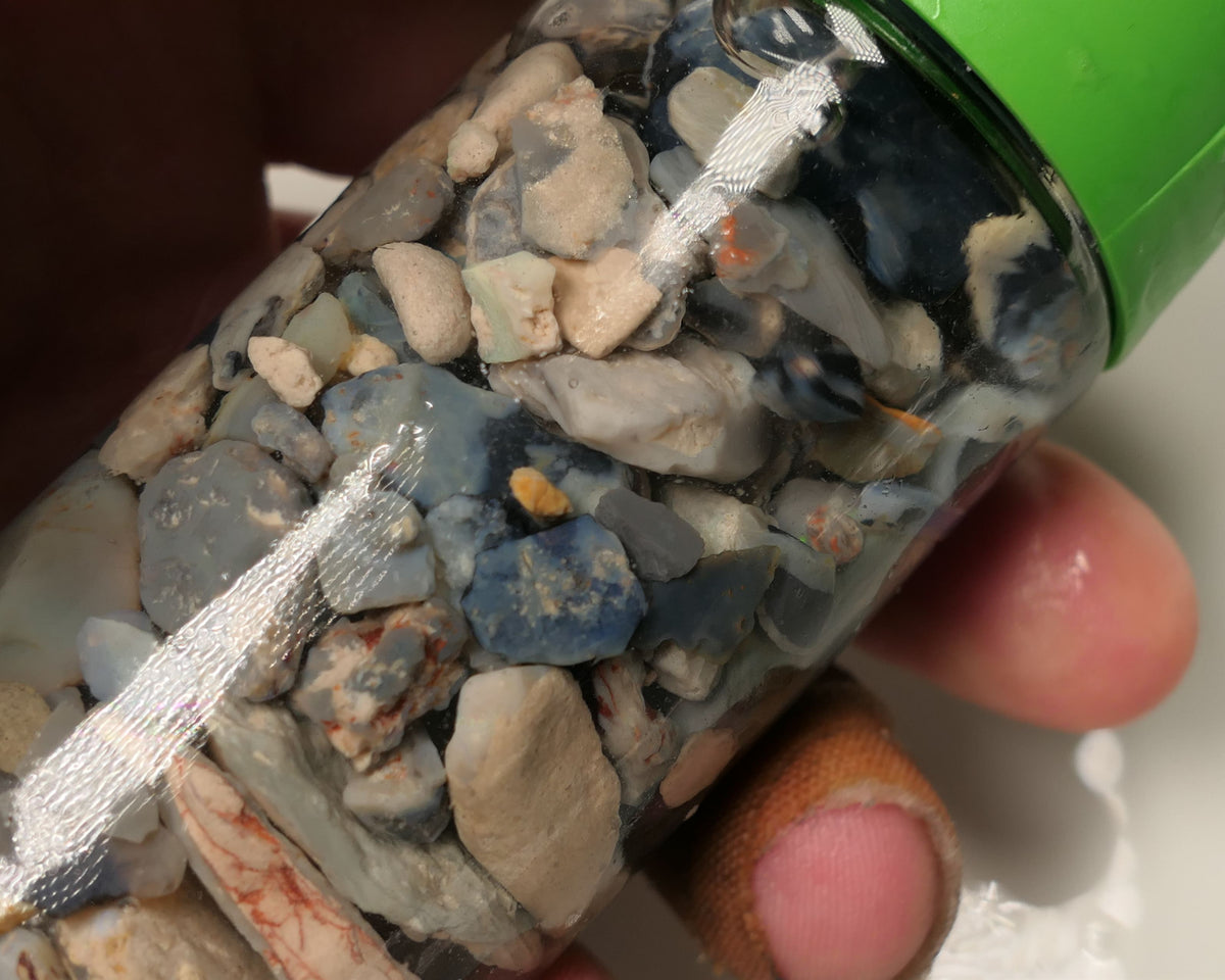 Lightning Ridge Rough Opal Parcel 400cts potch mixed knobby fossil seam (shown in jar) 20mm to chip size  0413