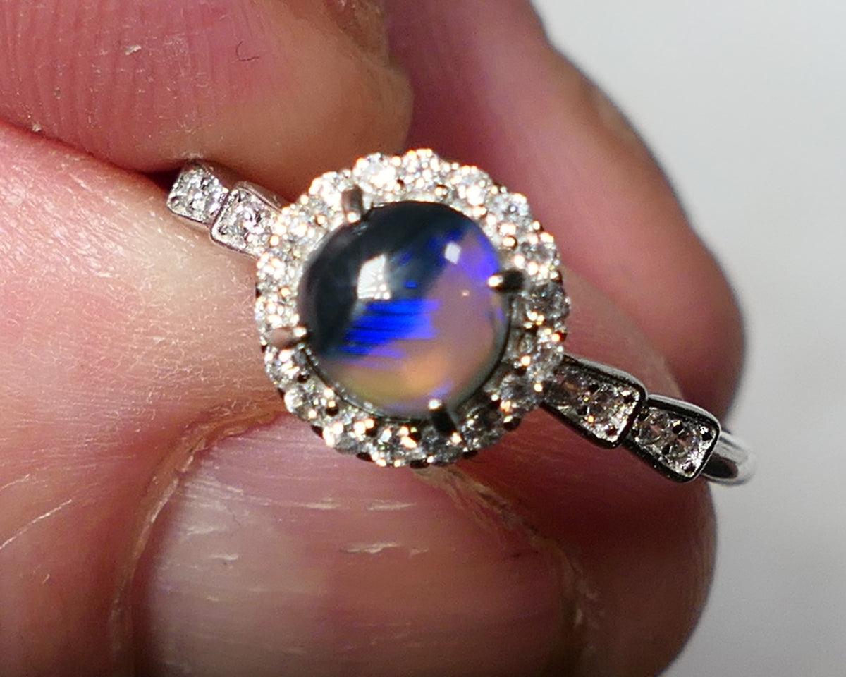 Miners Bench® Stunning Black Crystal Opal 6mm Round 0.6cts in Sterling Silver 925 Adjustable Ring Setting FR131