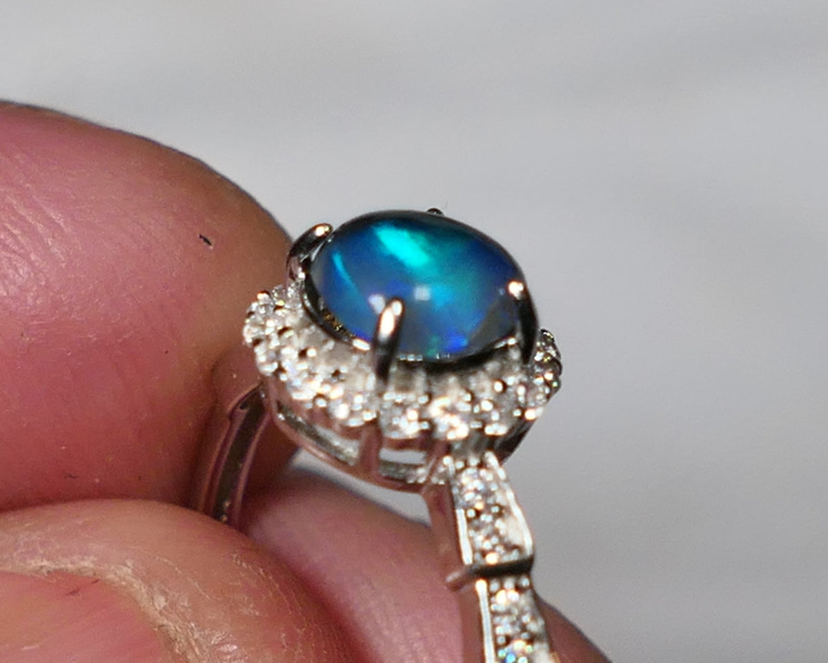 Miners Bench® Stunning Black Crystal Opal 6mm Round 0.6cts in Sterling Silver 925 Adjustable Ring Setting FR131