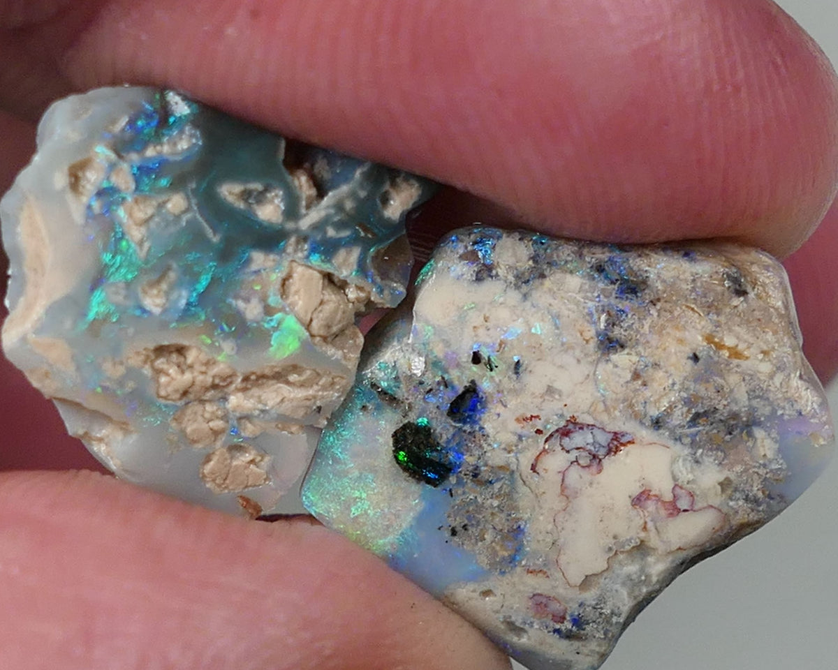 Lightning Ridge Opal Crystal Seam formations Rough Rub Pair  10ct some Blue & Green colours 15x14x4mm & 15x13x3mm 0630