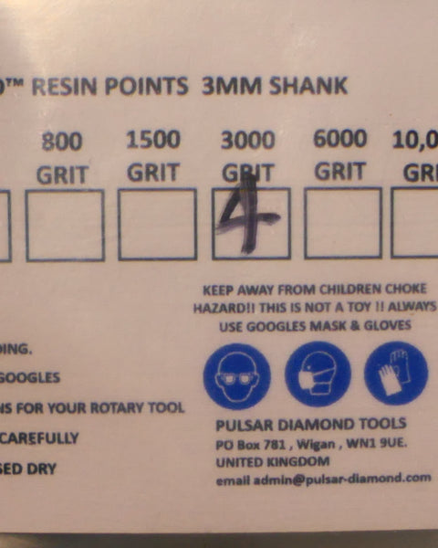 PULSAR™ DIAMOND RESIN POINTS MK2'S COLOUR CODED LAPIDARY BURRS FOR DREMEL & ROTARY TOOLS 3MM SHAFT POLISH SET 4x 3,000 GRITS