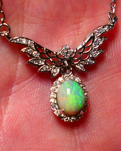 Miners Bench® Stunning N6 Dark Base Opal Bright Gorgeous Multifires 8mm x  6mm Oval 0.9cts in Sterling Silver 925 Necklace setting with Cubic Zirconia FN17