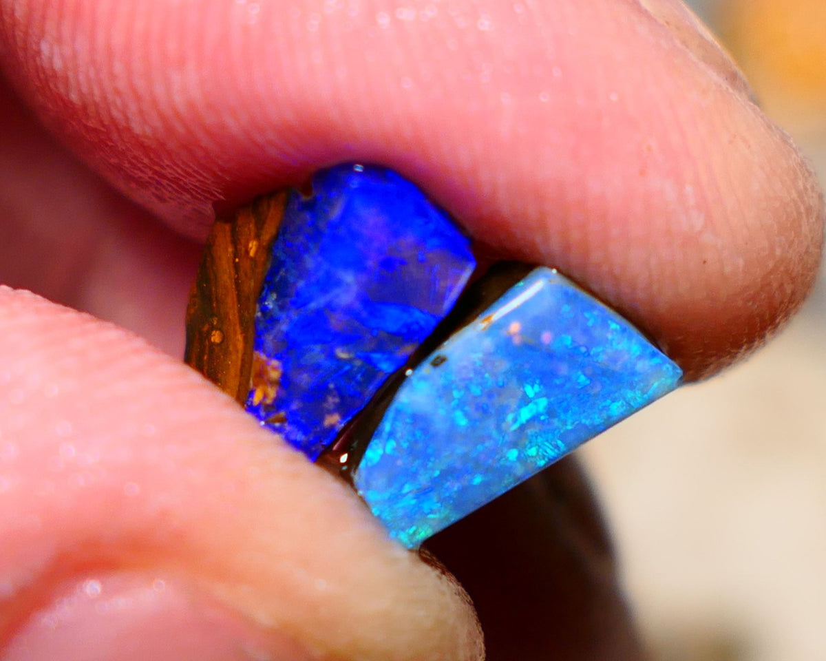 Queensland Boulder opal small pair 6.35cts rough rubs Winton gorgeous faces with Bright fires 13x8x5mm & 10x5x4mm BO-002