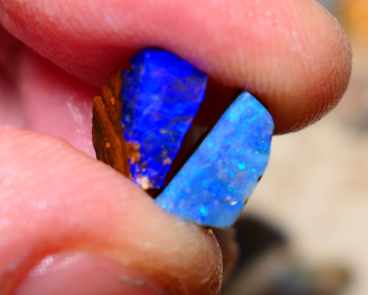 Queensland Boulder opal small pair 6.35cts rough rubs Winton gorgeous faces with Bright fires 13x8x5mm & 10x5x4mm BO-002