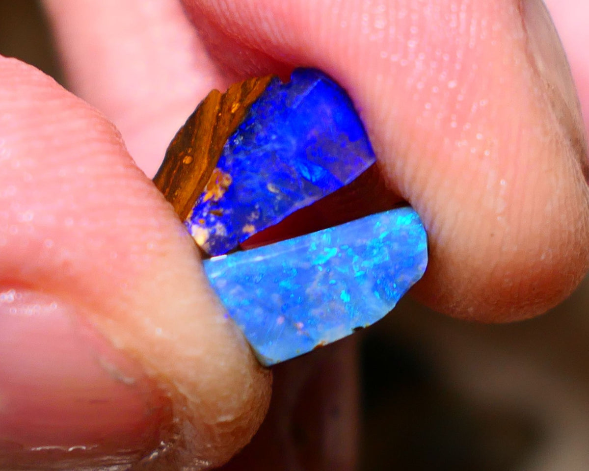 Queensland Boulder opal small pair 6.35cts rough rubs Winton gorgeous faces with Bright fires 13x8x5mm & 10x5x4mm BO-002