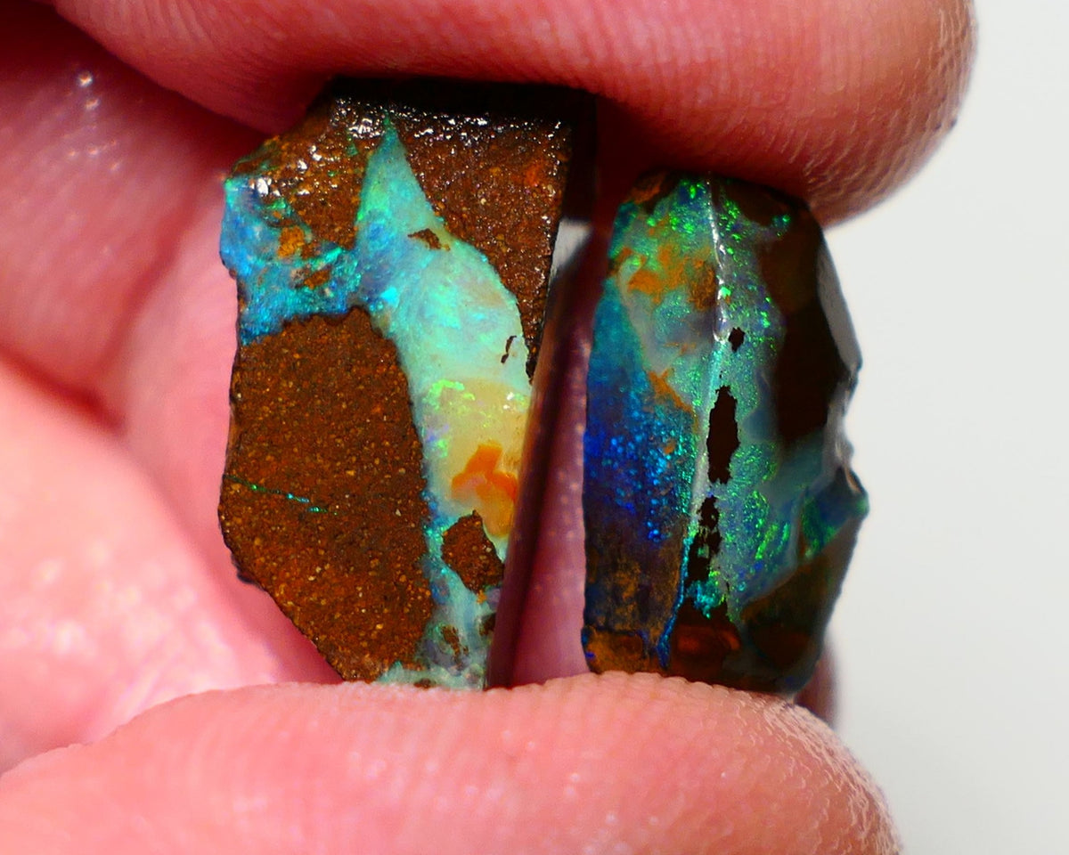 Queensland Boulder opal Stunning pair 16cts rough rubs Winton gorgeous faces with Bright Multifires 20x10x6mm & 16x8x5mm BO-020