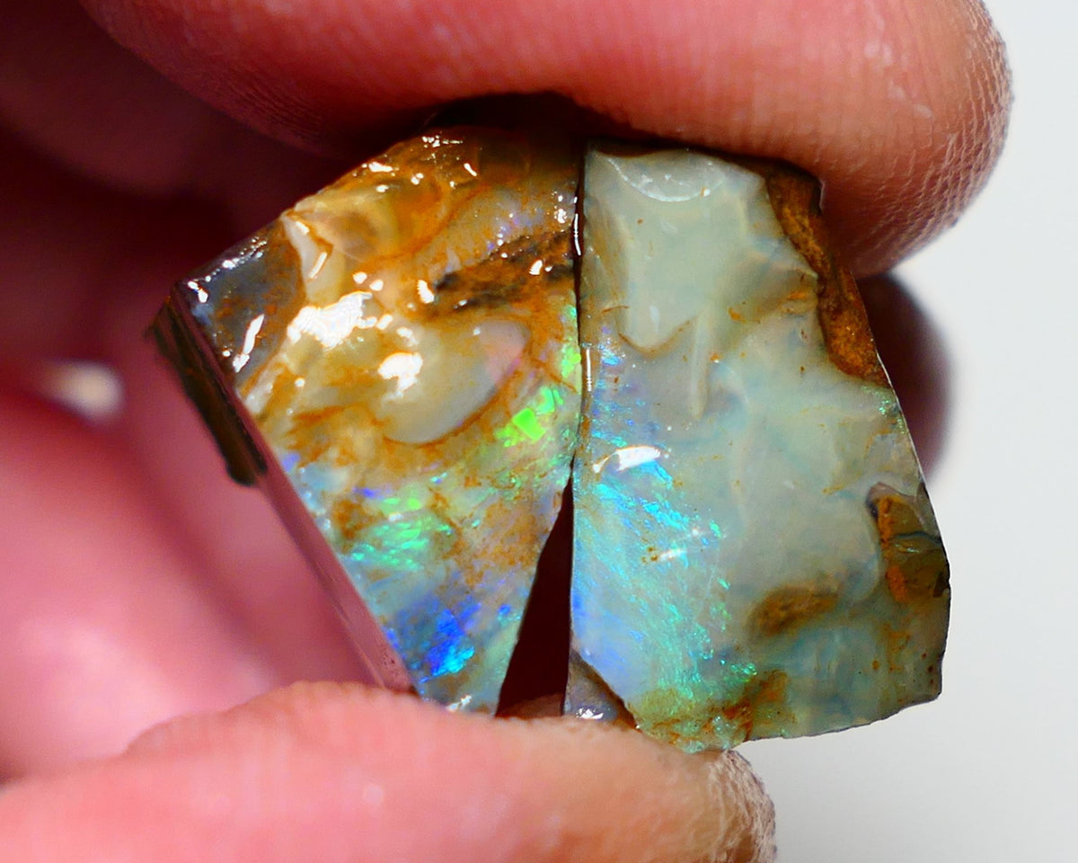 Queensland Boulder opal Stunning pair 30cts rough rubs Winton gorgeous faces with Bright Multifires 19x11x10mm & 16x12x10mm BO-019