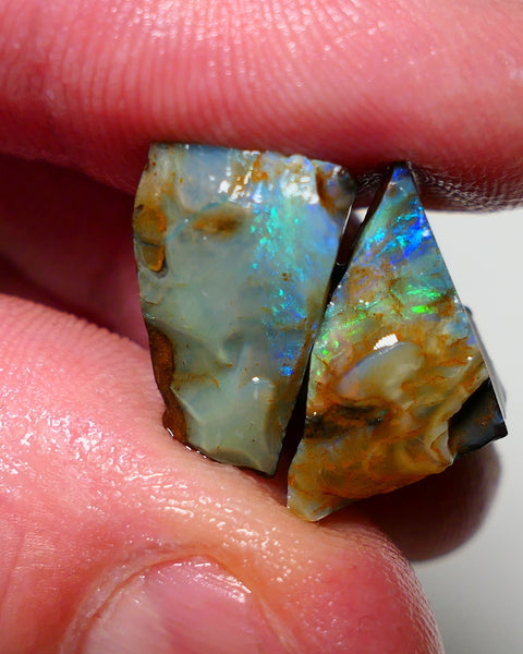 Queensland Boulder opal Stunning pair 30cts rough rubs Winton gorgeous faces with Bright Multifires 19x11x10mm & 16x12x10mm BO-019