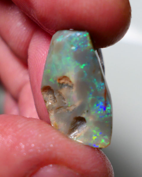 Lightning Ridge Rough Rub Opal 5.75cts Dark Seam showing areas of nice Bright Multifires 21x12x4mm 1311