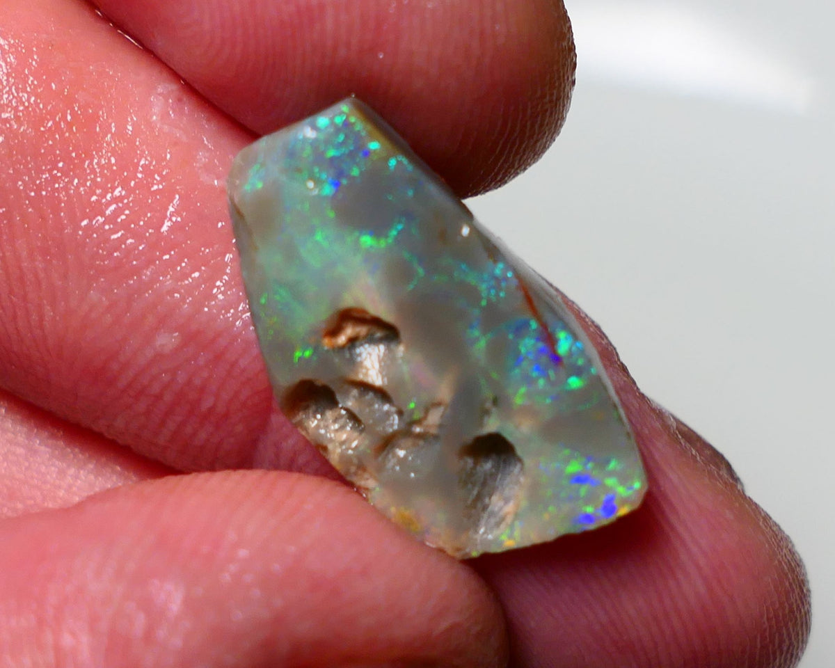 Lightning Ridge Rough Rub Opal 5.75cts Dark Seam showing areas of nice Bright Multifires 21x12x4mm 1311