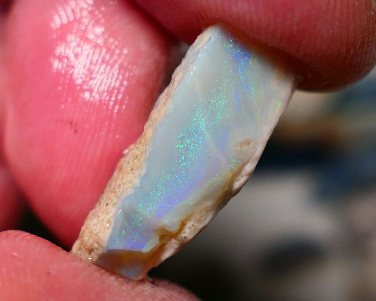 Lightning Ridge Rough Opal 9.75cts Dark Crystal Seam showing nice multicolours in flat thick bar 24x9x8mm 1328