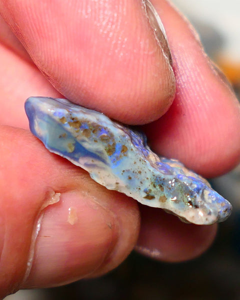 Lightning Ridge Rough Opal 18cts Dark Seam opal formation showing lots of light blues 27x19x7mm 1402