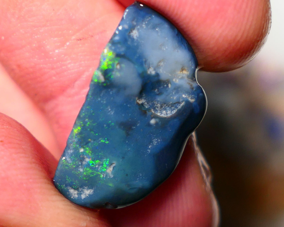 Lightning Ridge Rough Opal 12cts Dark  Half Knobby showing some Bright Yellow Blue Green 24x12x7mm A1515