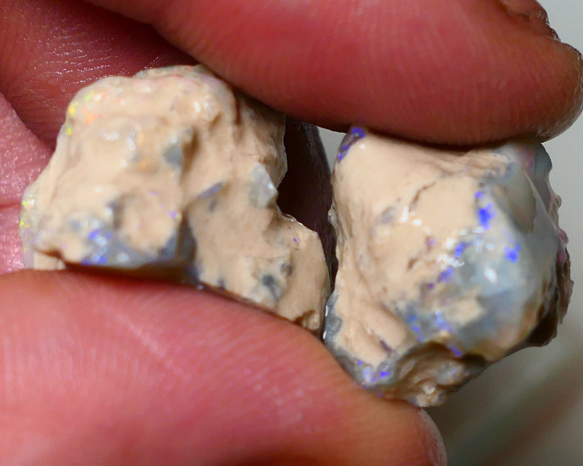 Lightning Ridge Rough Opal 38cts Dark Base Knobby split some bits blues fires 21x16x15mm & 1x16x10mm NS012Auction NS012