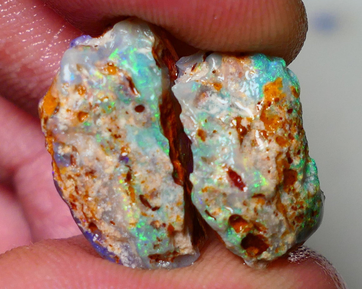 Lightning Ridge 18cts Bright & gorgeous Dark base Crystal Knobby/Opalised fossil Split rough to cut/carve Vibrant Blues and Multicolours 22x13x7mm & 18x10x9mm NSW001